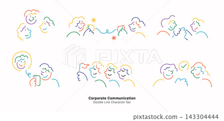 Corporate communication concept. Colorful doodle line character set illustrating teamwork, conversation, messaging and group discussion. 143304444