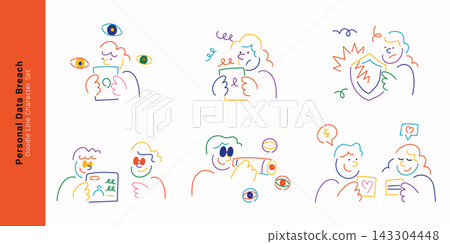 Personal data breach concept. Colorful doodle line character set illustrating privacy risk, surveillance, hacking and identity theft. Personal data breach concept. Colorful doodle line character set illustrating privacy risk, surveillance, hacking and identity theft. 143304448