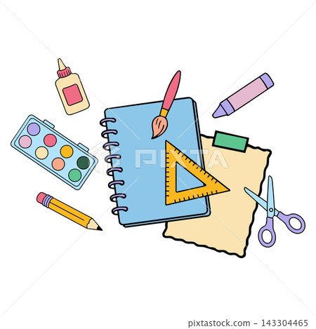 School project doodle with notebook pencil scissors ruler and art supplies for education and craft design assets School project doodle with notebook pencil scissors ruler and art supplies for education and craft design assets 143304465