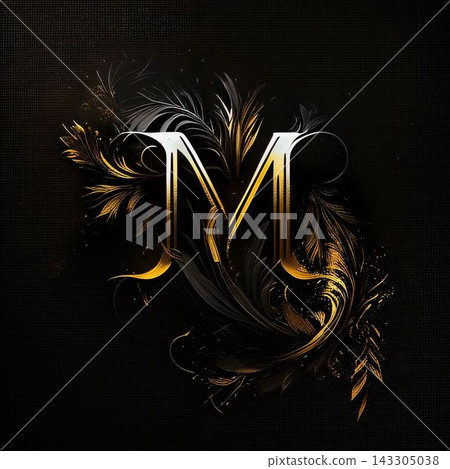 Illustration of alphabet M with floral ornament in gold on black background Illustration of alphabet M with floral ornament in gold on black background 143305038