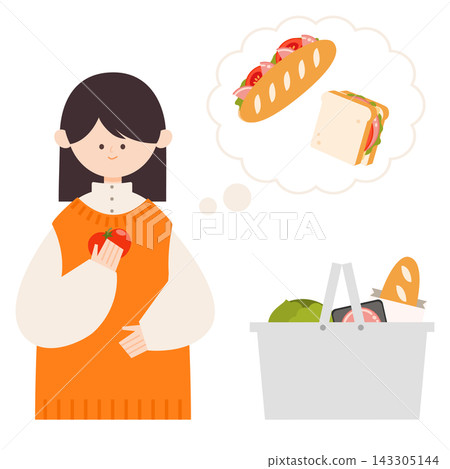 A woman holding a tomato and choosing ingredients for a sandwich. A woman holding a tomato and choosing ingredients for a sandwich. 143305144