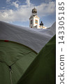 Temporary encampment in Puerta del Sol Madrid with tents tarps signs and temporary structures set up in the central square 143305185