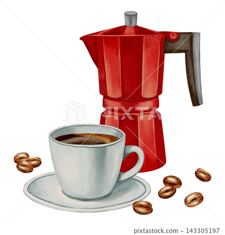 Watercolor illustration of a coffee cup with coffee beans, a red geyser coffee machine, and coffee berries. Illustrations for coffee shops, cafes, packaging, menus, and product design. Watercolor illustration of a coffee cup with coffee beans, a red geyser coffee machine, and coffee berries. Illustrations for coffee shops, cafes, packaging, menus, and product design. 143305197