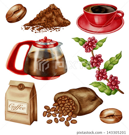 Watercolor coffee set with pot, cup, beans and coffee plant branch. Hand-drawn illustration perfect for shops, cafes, packaging, menus and branding designs Watercolor coffee set with pot, cup, beans and coffee plant branch. Hand-drawn illustration perfect for shops, cafes, packaging, menus and branding designs 143305201
