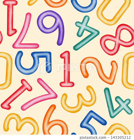 Watercolor colorful numbers seamless pattern. Hand drawn birthday school background with bright numbers from 0 to 9 for fabric, wrapping paper, textile, children's design, back to school 143305212