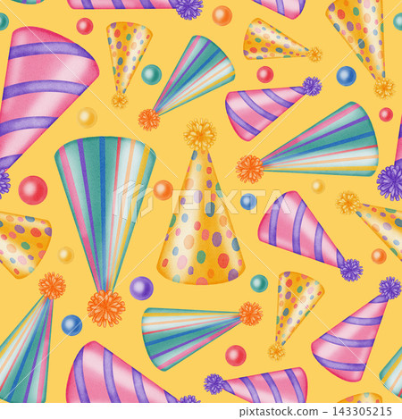 Watercolor seamless pattern with festive party hats and colorful confetti. Hand drawn birthday background for kids holiday, wrapping paper, birthdays, party invitations, children's design, card making Watercolor seamless pattern with festive party hats and colorful confetti. Hand drawn birthday background for kids holiday, wrapping paper, birthdays, party invitations, children's design, card making 143305215