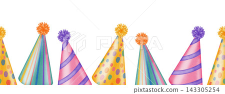 Watercolor seamless border of colorful party hats with polka dots, stripes and pompons. Holiday decorations for for birthdays, anniversaries, party invitations, children's design, card Watercolor seamless border of colorful party hats with polka dots, stripes and pompons. Holiday decorations for for birthdays, anniversaries, party invitations, children's design, card 143305254