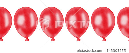 Watercolor seamless border of bright colorful helium balloons isolated on white background. Holiday decorations for for birthdays, anniversaries, party invitations, children's design, card  143305255