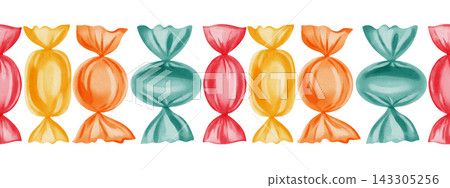 Watercolor seamless border of colorful sweets and candies in wrappers on white background. Holiday decorations for for birthdays, anniversaries, party invitations, children's design, card Watercolor seamless border of colorful sweets and candies in wrappers on white background. Holiday decorations for for birthdays, anniversaries, party invitations, children's design, card 143305256
