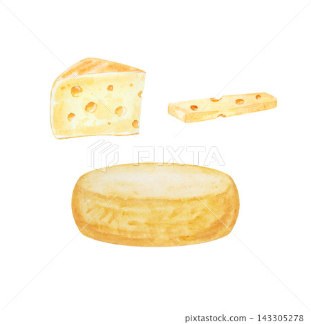 Artisan craft cheese set with whole wheel, wedge and slice with holes. Hand drawn watercolor illustration isolated on. Realistic detailed food clipart for menu design Artisan craft cheese set with whole wheel, wedge and slice with holes. Hand drawn watercolor illustration isolated on. Realistic detailed food clipart for menu design 143305278