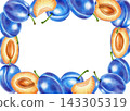 Watercolor frame with plums, slices, seeds and white flowers isolated on white background. Perfect for product logo, posters, packaging, textile, market advertising, wedding invitation, label, card 143305319