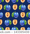 Hand drawn watercolor seamless pattern with ripe blue plums, halves, seeds, white flowers. Perfect for product logo, posters, packaging, textile, market advertising, wedding invitation, label, card 143305430