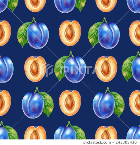 Hand drawn watercolor seamless pattern with ripe blue plums, halves, seeds, white flowers. Perfect for product logo, posters, packaging, textile, market advertising, wedding invitation, label, card Hand drawn watercolor seamless pattern with ripe blue plums, halves, seeds, white flowers. Perfect for product logo, posters, packaging, textile, market advertising, wedding invitation, label, card 143305430