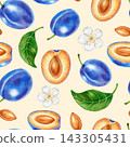 Hand drawn watercolor seamless pattern with ripe blue plums, halves, seeds, white flowers. Perfect for product logo, posters, packaging, textile, market advertising, wedding invitation, label, card 143305431