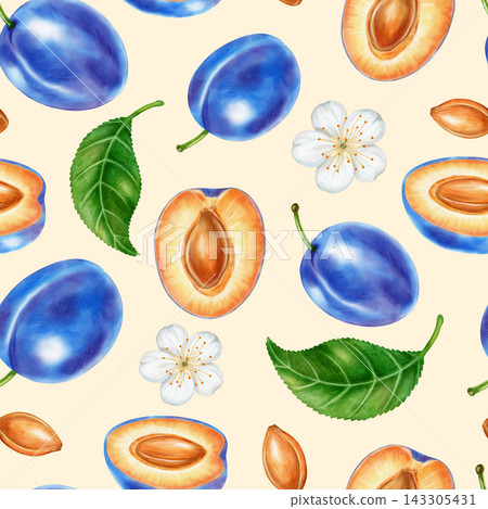 Hand drawn watercolor seamless pattern with ripe blue plums, halves, seeds, white flowers. Perfect for product logo, posters, packaging, textile, market advertising, wedding invitation, label, card Hand drawn watercolor seamless pattern with ripe blue plums, halves, seeds, white flowers. Perfect for product logo, posters, packaging, textile, market advertising, wedding invitation, label, card 143305431