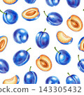 Hand drawn watercolor seamless pattern with ripe blue plums, halves, seeds, white flowers. Perfect for product logo, posters, packaging, textile, market advertising, wedding invitation, label, card 143305432