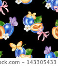 Watercolor seamless pattern featuring blue plums, butterflies, white flowers, pink ribbons. Perfect for product logo, posters, packaging, textile, market advertising, wedding invitation, label, card 143305433