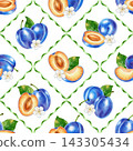Watercolor seamless pattern with blue plums, half fruits, flowers, green lattice ribbon grid. Perfect for product logo, posters, packaging, textile, market advertising, wedding invitation, label, card 143305434