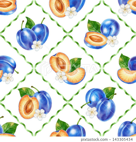 Watercolor seamless pattern with blue plums, half fruits, flowers, green lattice ribbon grid. Perfect for product logo, posters, packaging, textile, market advertising, wedding invitation, label, card Watercolor seamless pattern with blue plums, half fruits, flowers, green lattice ribbon grid. Perfect for product logo, posters, packaging, textile, market advertising, wedding invitation, label, card 143305434