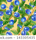 Hand drawn watercolor seamless pattern with plum tree branches, green leaves, fruits. Perfect for product logo, posters, packaging, textile, market advertising, wedding invitation, label, card 143305435