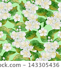 Seamless pattern with watercolor white plum blossom flowers and green leaves. Botanical floral background for fabric, wallpaper, wrapping paper, textile design. 143305436