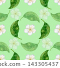 Watercolor seamless pattern featuring white plum blossom flowers and green leaves. Minimal botanical floral design for textile, fabric, packaging, stationeries. 143305437
