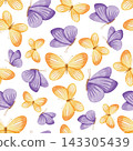 Watercolor seamless pattern with purple, yellow butterflies. Colorful insect pattern for kids fabric, nursery decor, wrapping paper, stationery. 143305439
