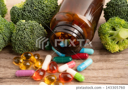 Drug with broccoli vegetable for healthy food. 143305760