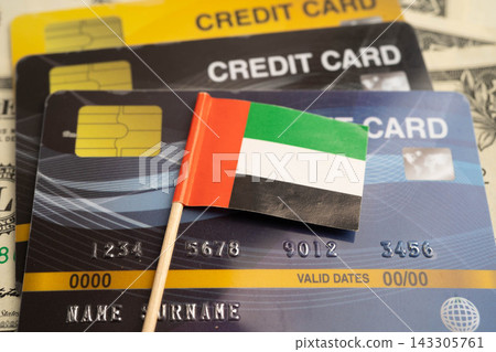 United Arab Emirates flag on credit card, finance economy trading shopping online business. United Arab Emirates flag on credit card, finance economy trading shopping online business. 143305761