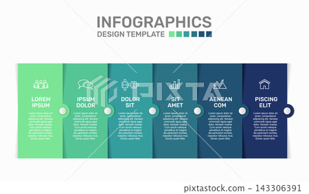 Business infographic template with six colorful vertical columns, linear icons, and text placeholders. Vector illustration. Business infographic template with six colorful vertical columns, linear icons, and text placeholders. Vector illustration. 143306391