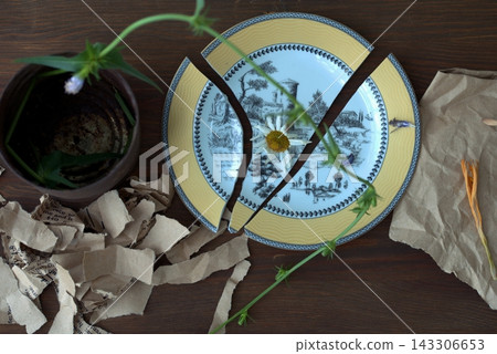 A still life with a broken plate and dried flowers symbolizes the fragility of life and the breakdown of relationships. 143306653