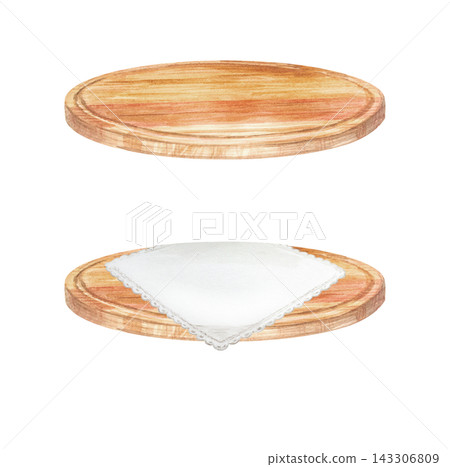 Artisan round wooden board set with white lace napkin. Hand drawn watercolor illustration isolated on. Realistic detailed kitchenware clipart for menu design Artisan round wooden board set with white lace napkin. Hand drawn watercolor illustration isolated on. Realistic detailed kitchenware clipart for menu design 143306809