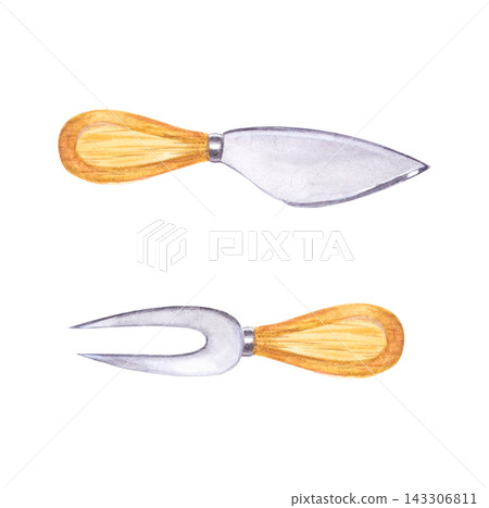 Artisan cheese knife and fork set with wooden handles. Hand drawn watercolor illustration isolated on. Realistic detailed kitchenware clipart for menu design Artisan cheese knife and fork set with wooden handles. Hand drawn watercolor illustration isolated on. Realistic detailed kitchenware clipart for menu design 143306811