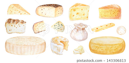 Artisan craft cheese collection with wheels, wedges, burrata, slices and blue mold. Hand drawn watercolor illustration isolated on. Realistic detailed food clipart for menu design Artisan craft cheese collection with wheels, wedges, burrata, slices and blue mold. Hand drawn watercolor illustration isolated on. Realistic detailed food clipart for menu design 143306813