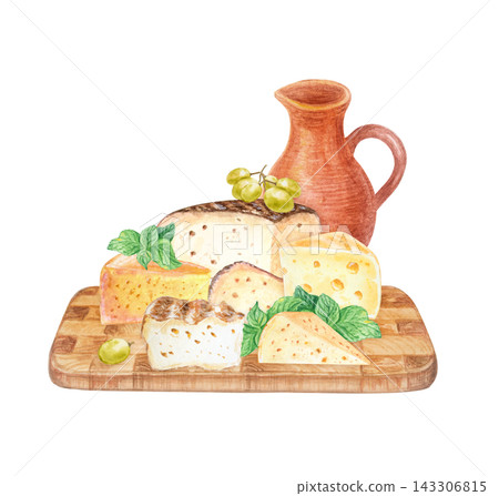 Artisan cheese platter set with clay jug, grapes and mint on wooden board. Hand drawn watercolor illustration isolated on. Realistic detailed gourmet food clipart for menu design Artisan cheese platter set with clay jug, grapes and mint on wooden board. Hand drawn watercolor illustration isolated on. Realistic detailed gourmet food clipart for menu design 143306815