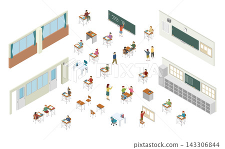 Isometric illustration: Set of elementary school students in a classroom Isometric illustration: Set of elementary school students in a classroom 143306844