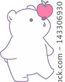 A cute bear character (full body, hand-drawn style) with an apple on its nose and looking upwards. 143306930