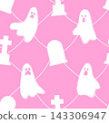 A simple and cute pattern featuring ghosts and tombstones on a pink background 143306947
