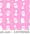 A simple and cute pattern featuring graves and skulls, with decorative elements on a pink background 143306948