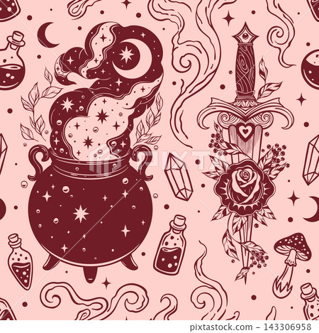 Witchcraft Witch Cauldron and Dagger Seamless Pattern 143306958