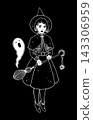 Young Witch with Broom and Ghost Vector Line Art 143306959