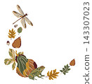 Cozy autumn vector frame with a frog, dragonfly, pumpkin, and fall leaves. Flat style nature illustration perfect for seasonal cards and scrapbooking 143307023