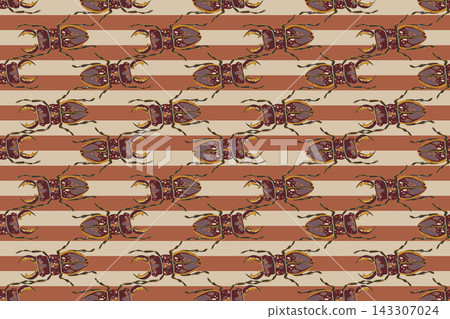 Seamless vector pattern with stag beetles on brown and beige stripes. Cute flat style insect background for fabric, wallpaper, and nature designs Seamless vector pattern with stag beetles on brown and beige stripes. Cute flat style insect background for fabric, wallpaper, and nature designs 143307024