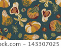 Seamless vector pattern with autumn pumpkins, squash, chestnuts, and leaves on a dark green background. Perfect for fall fabric, wallpaper, and Thanksgiving designs 143307025