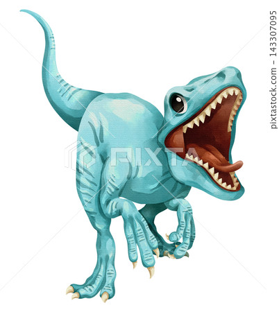 Watercolor velociraptor dinosaur isolated PNG file, featuring a cute hand-drawn blue swift predator prehistoric creature character on a transparent background. 143307095