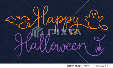 Happy Halloween orange and purple lettering with bat, ghost and spider continuous line art on dark blue textured paper background Happy Halloween orange and purple lettering with bat, ghost and spider continuous line art on dark blue textured paper background 143307132