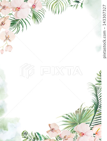 Watercolor green palm leaves and pink orchid, tropical wedding isolated illustration and party decor Watercolor green palm leaves and pink orchid, tropical wedding isolated illustration and party decor 143307327