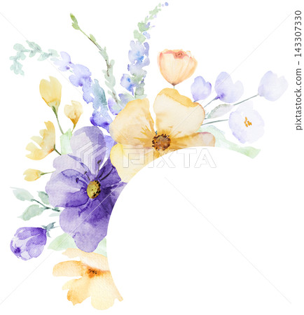 Frame with watercolor light purple and yellow flowers, botanical isolated wedding illustration 143307330