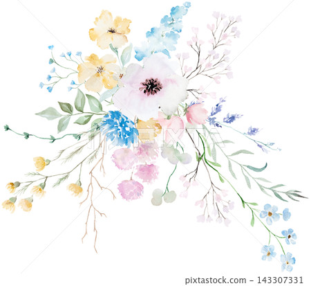 Floral bouquet with watercolor pastel wildflowers, botanical illustration for wedding stationery Floral bouquet with watercolor pastel wildflowers, botanical illustration for wedding stationery 143307331