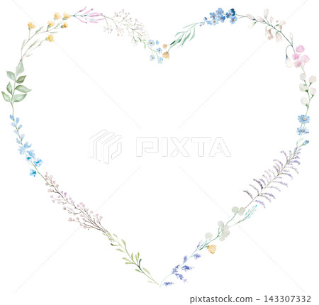 Watercolor floral heart frame with pastel wildflowers, isolated floral illustration for stationery Watercolor floral heart frame with pastel wildflowers, isolated floral illustration for stationery 143307332